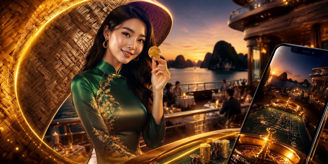 Người dùng trải nghiệm casino di động tại vịnh Hạ Long với nón lá truyền thống